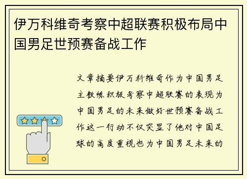 伊万科维奇考察中超联赛积极布局中国男足世预赛备战工作 伊万科维奇考察中超联赛积极布局中国男足世预赛备战工作
