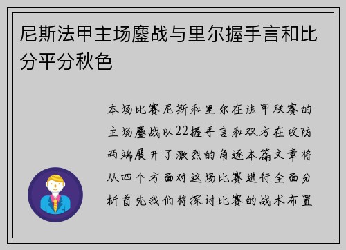 尼斯法甲主场鏖战与里尔握手言和比分平分秋色